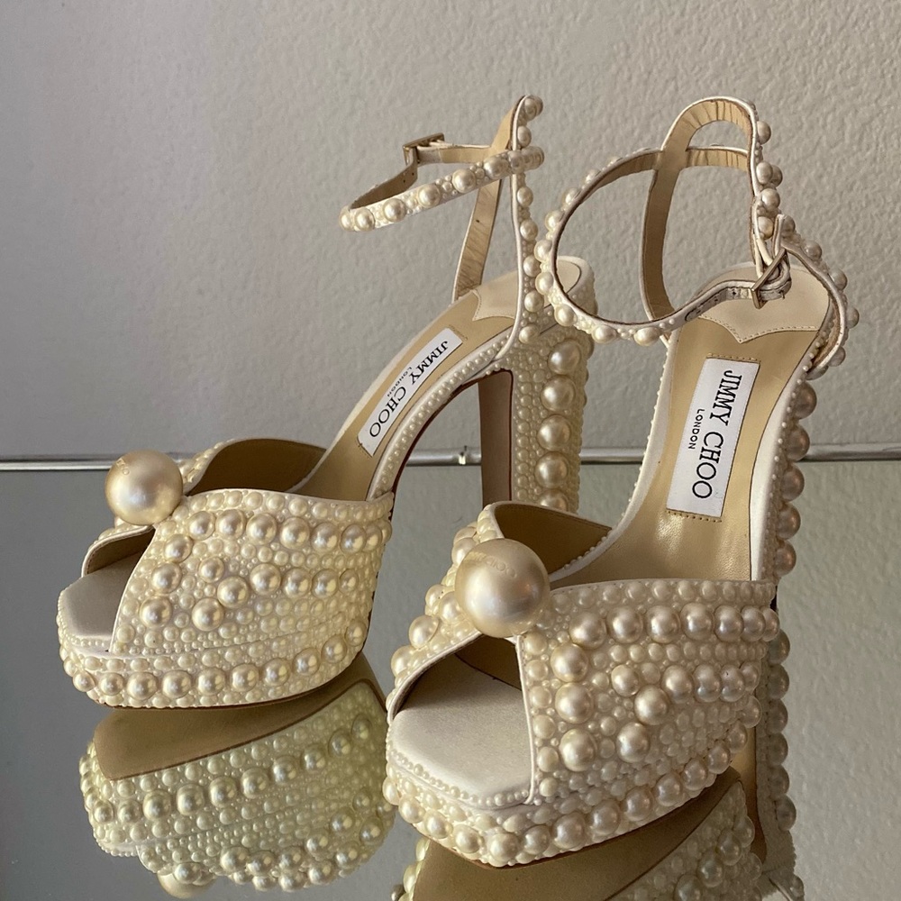 New Sacaria 120 White Satin Platform Sandals with All-Over Pearl Embellishment - Picture 11 of 16